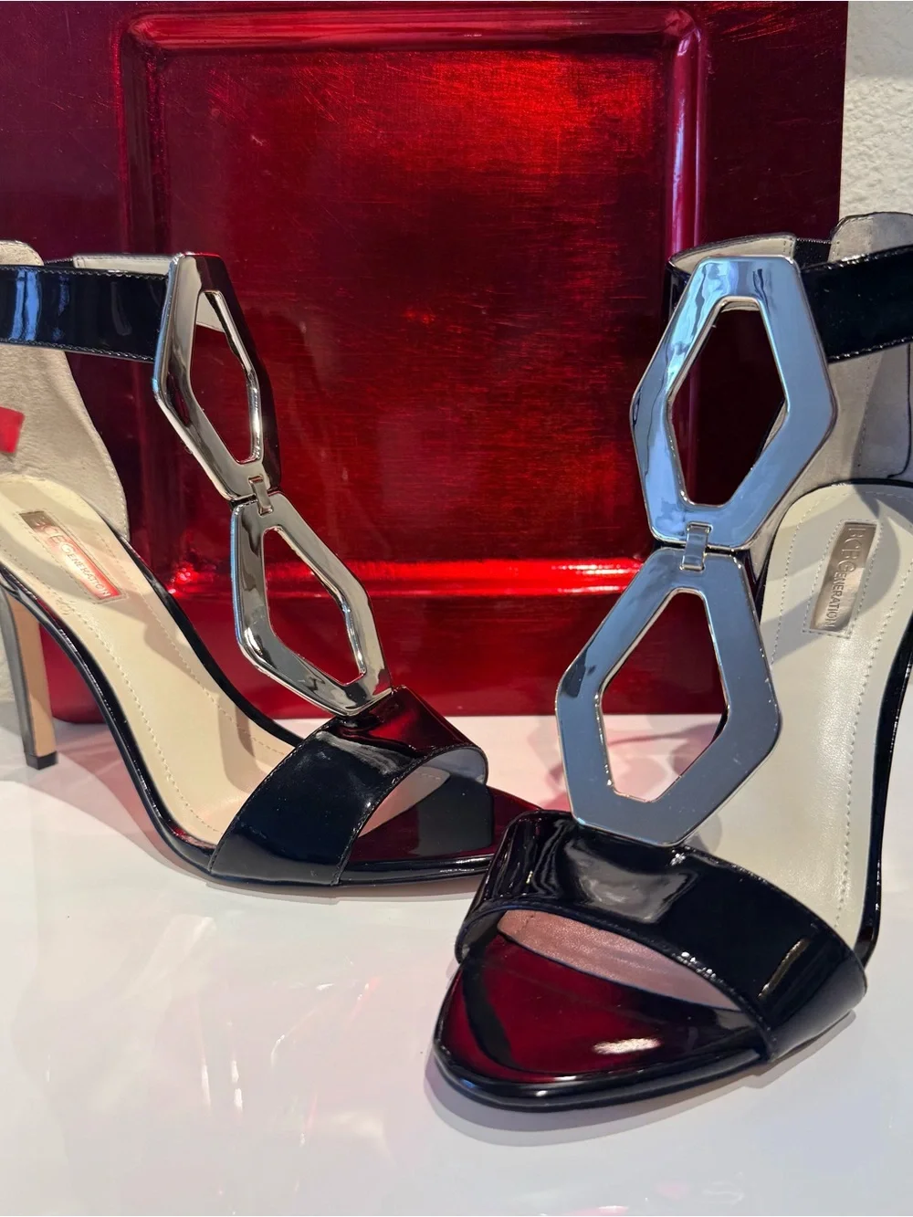 BCBG Black Patent High Heels Stiletto Sandals with Silver Accent BRAND NEW